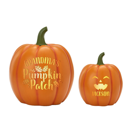 Let's Make Memories Personalized Light-Up Pumpkin Set - Create Your Own Pumpkin Patch - Halloween Décor - Indoor/Outdoor Porch Décor - Fall Décor - Resin - Laser-Engraved - Large w/ 1 Small Pumpkin