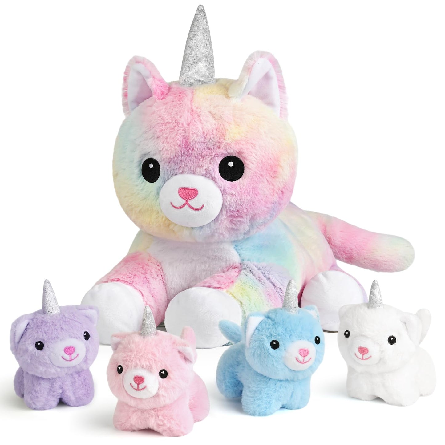 KMUYSL Toys for Girls Ages 3 4 5 6 7 8+ Years - Unicorn Mommy Stuffed Animal with 4 Baby Unicorns in Her Tummy, Soft Unicorn Plush Toys Set, Christmas Birthday Gifts for Baby, Toddler, Kids