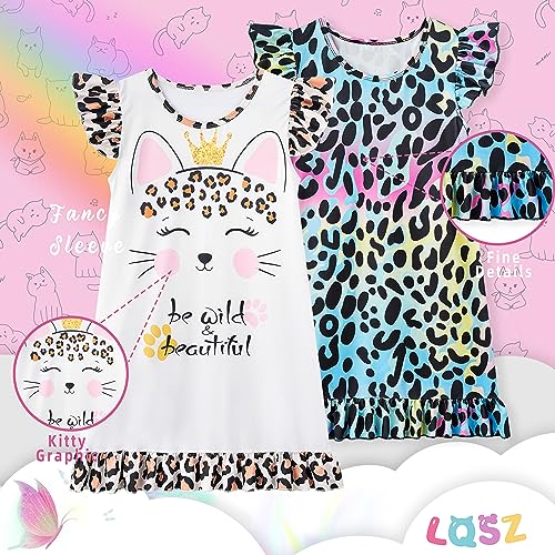 LQSZ 2Pcs Girls Nightgowns 3-10 Years Flutter Short Sleeves Nightdress Nightie Dress Sleepwear Pajamas for Little Girls