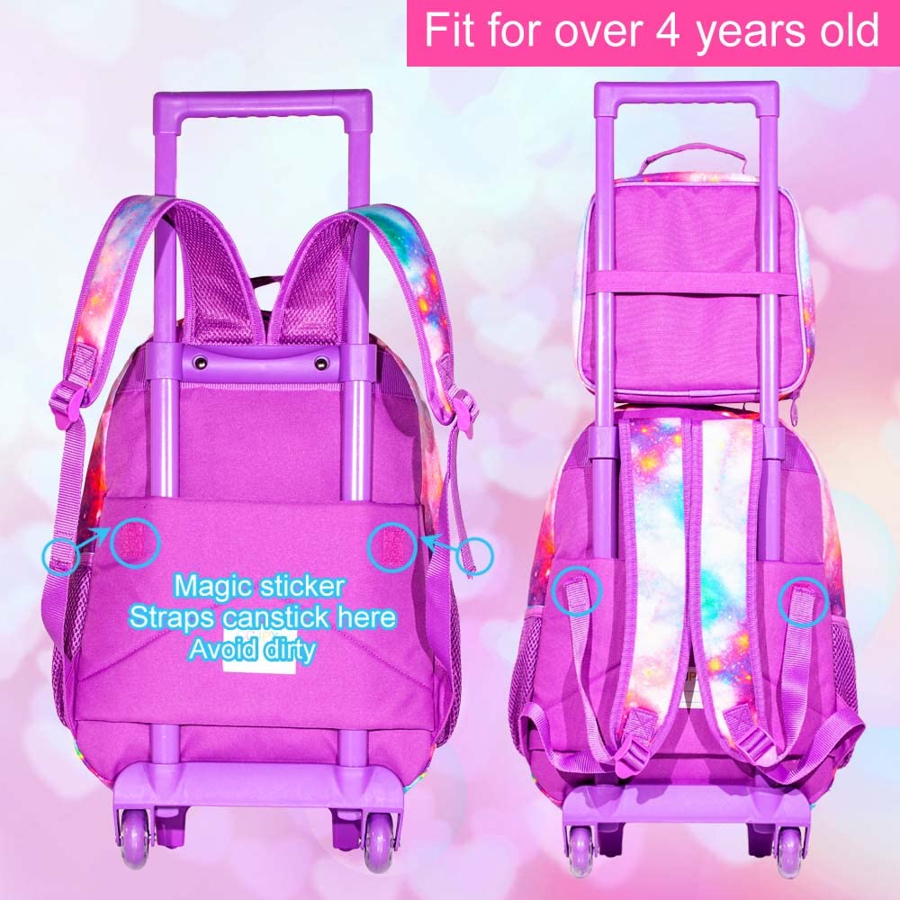 3PCS Rolling Backpack for Girls Boys, Kids Roller Wheeled Bookbag with Lunch Box, Backpacks with Wheels for Elementary