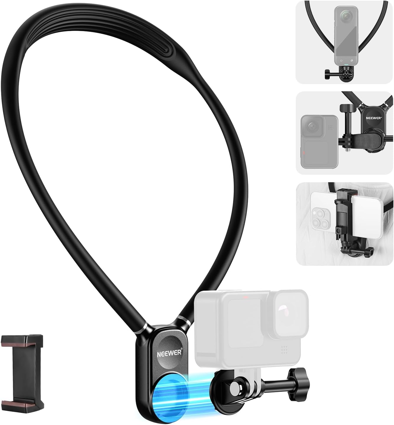 NEEWER Magnetic Neck Mount Holder with Phone Clip Compatible with GoPro Hero 12 11 10 MAX DJI Action 4 Insta360 iPhone Samsung, Quick Release point of view Action Camera Necklace Mounting Vlog, GP15