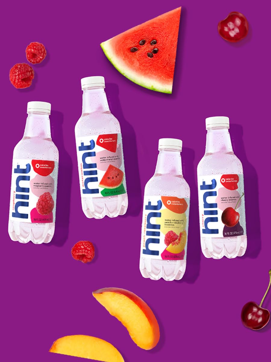 Hint Water Red Variety Pack, 3 Bottles Each of: Peach, Raspberry, Watermelon, and Strawberry Lemon, Zero Calories, Zero Sugar and Zero Sweeteners, 16 Fl Oz (Pack of 12)