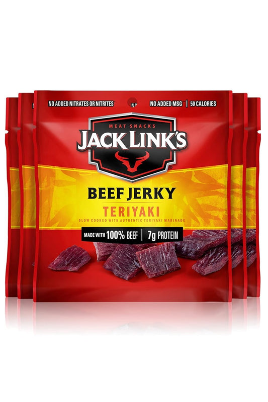 Jack Link's Beef Jerky, Teriyaki - Flavorful Meat Snack for Lunches, Ready to Eat Snacks - 7g of Protein, Made with Premium Beef - 0.625 Oz Bags (Pack of 5)