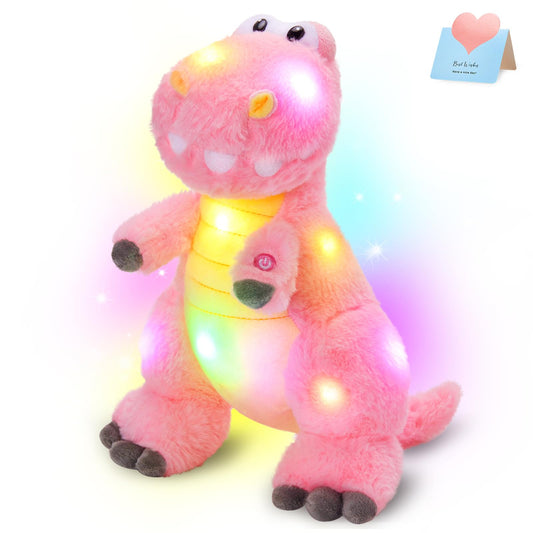 Houwsbaby 13'' Glowing LED T-Rex Dinosaur Light Up Stuffed Animal Soft Colorful Plush Toy Hugging Present for Kids Boys Girls Babies Accompany at Night Pet Decoration Holiday Birthday,Pink