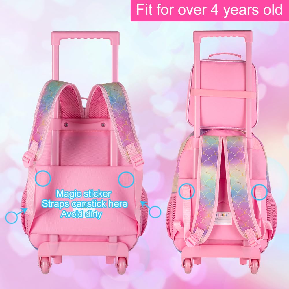 3PCS Rolling Backpack for Girls Boys, Kids Roller Wheeled Bookbag with Lunch Box, Backpacks with Wheels for Elementary