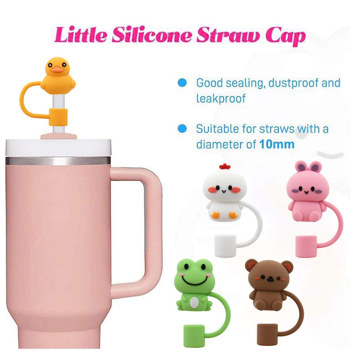 Straw Cover Cap for Stanley Cup,Silicone Straw Topper Compatible with 30&40 Oz Tumbler with Handle,10mm 0.4in Dust-Proof Reusable Straw Tips Lids (5Pcs Straw Cover Animal shape)