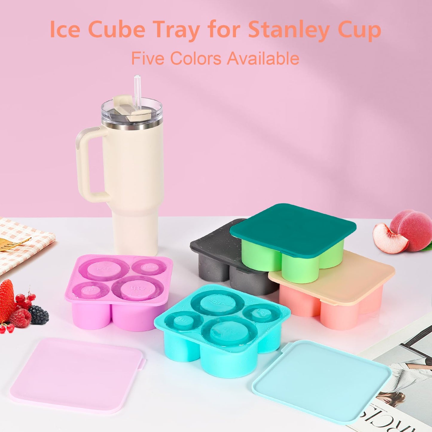 Ice Cube Tray for Stanley Cup, Silicone Ice Cube Molds for Stanley 20oz 30oz 40oz Tumbler Cup, Ice Cube Trays with Lids for Chilling Cocktails,Whiskey,Drinks,Coffee (C-Pink)