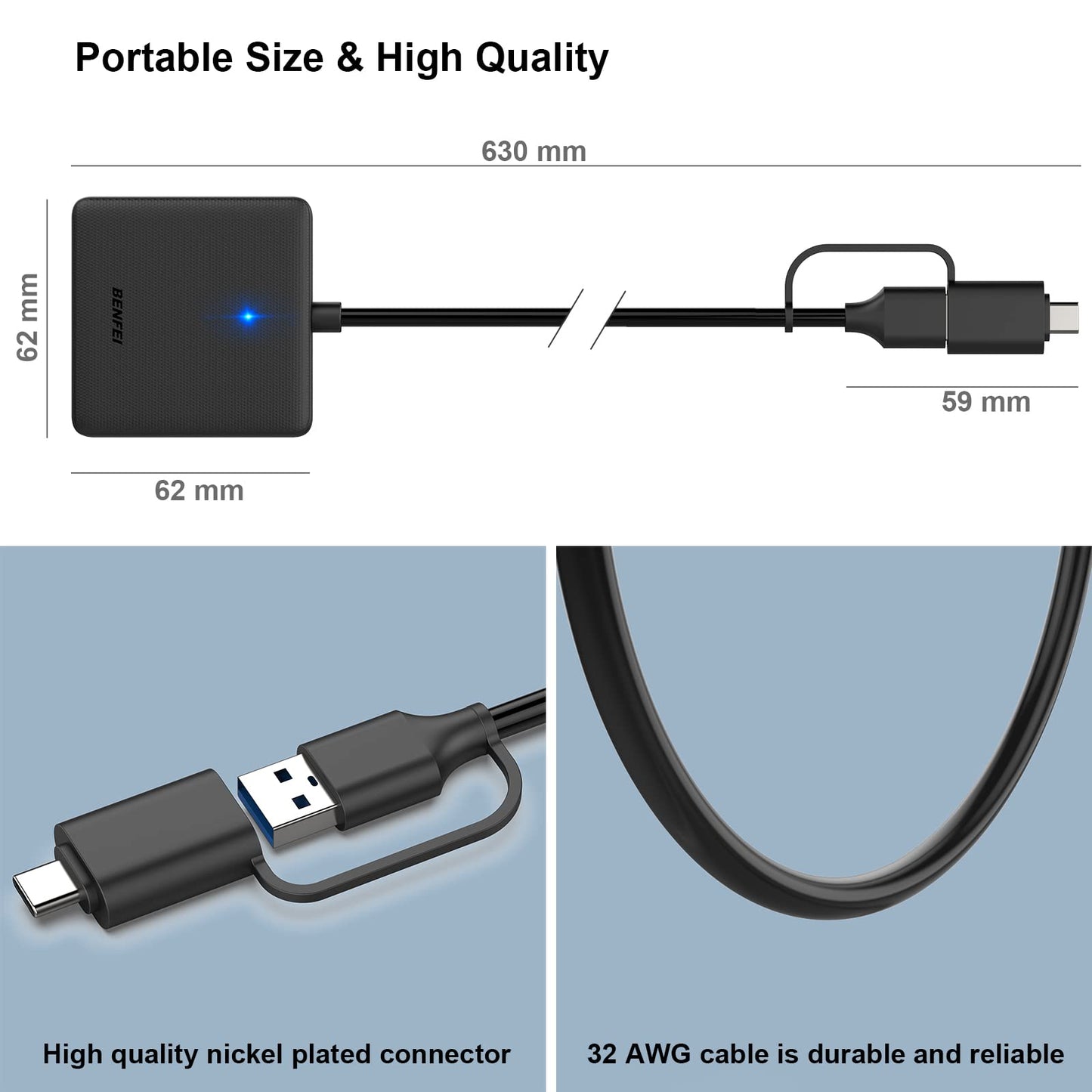 Memory Card Reader, BENFEI 4in1 USB 3.0 and USB-C to SD Micro SD MS CF Card Reader Adapter, 4 Cards Simultaneously Read and Write, Compatible with iPhone 15 Series, MacBook Pro/Air 2023, and More