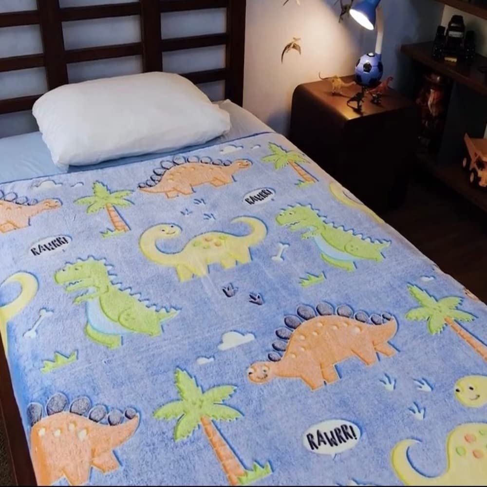 Glow in The Dark Dinosaur Blanket for Boys –Soft Plush Blue Fleece Throw Blanket. Great Dinosaur Gifts for Kids, Grandkids, Baby, Toddler, Birthday, Christmas! 8+ Hour Glow. (50”X60”)