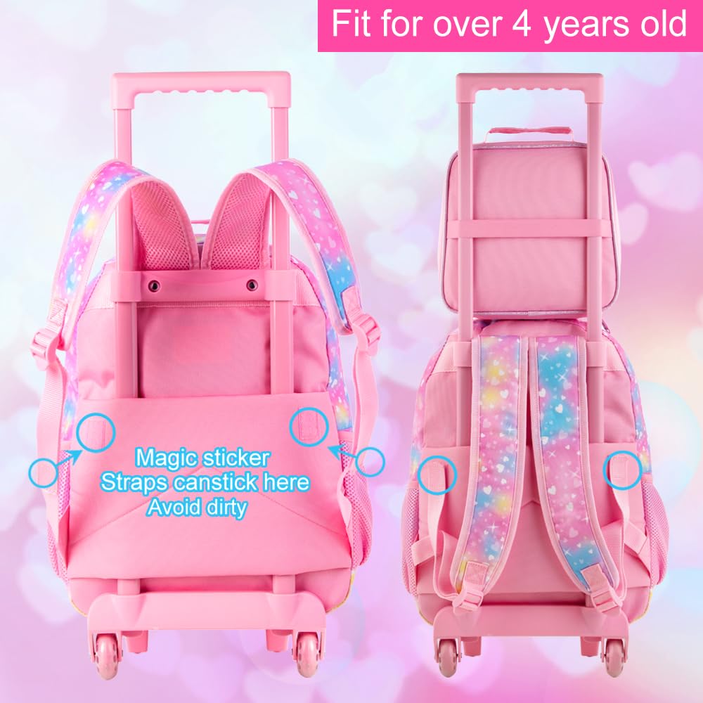 3PCS Rolling Backpack for Girls Boys, Kids Roller Wheeled Bookbag with Lunch Box, Backpacks with Wheels for Elementary