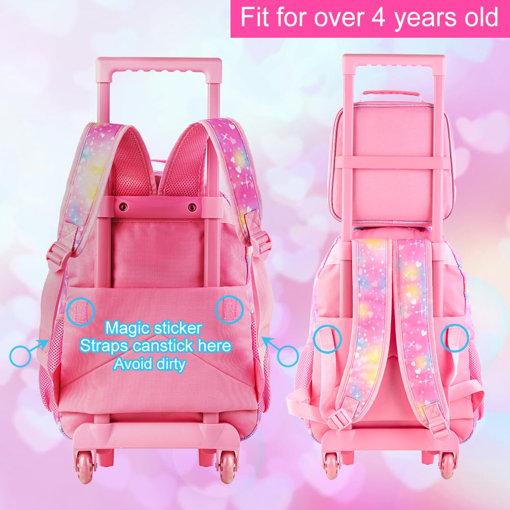 3PCS Rolling Backpack for Girls Boys, Kids Roller Wheeled Bookbag with Lunch Box, Backpacks with Wheels for Elementary