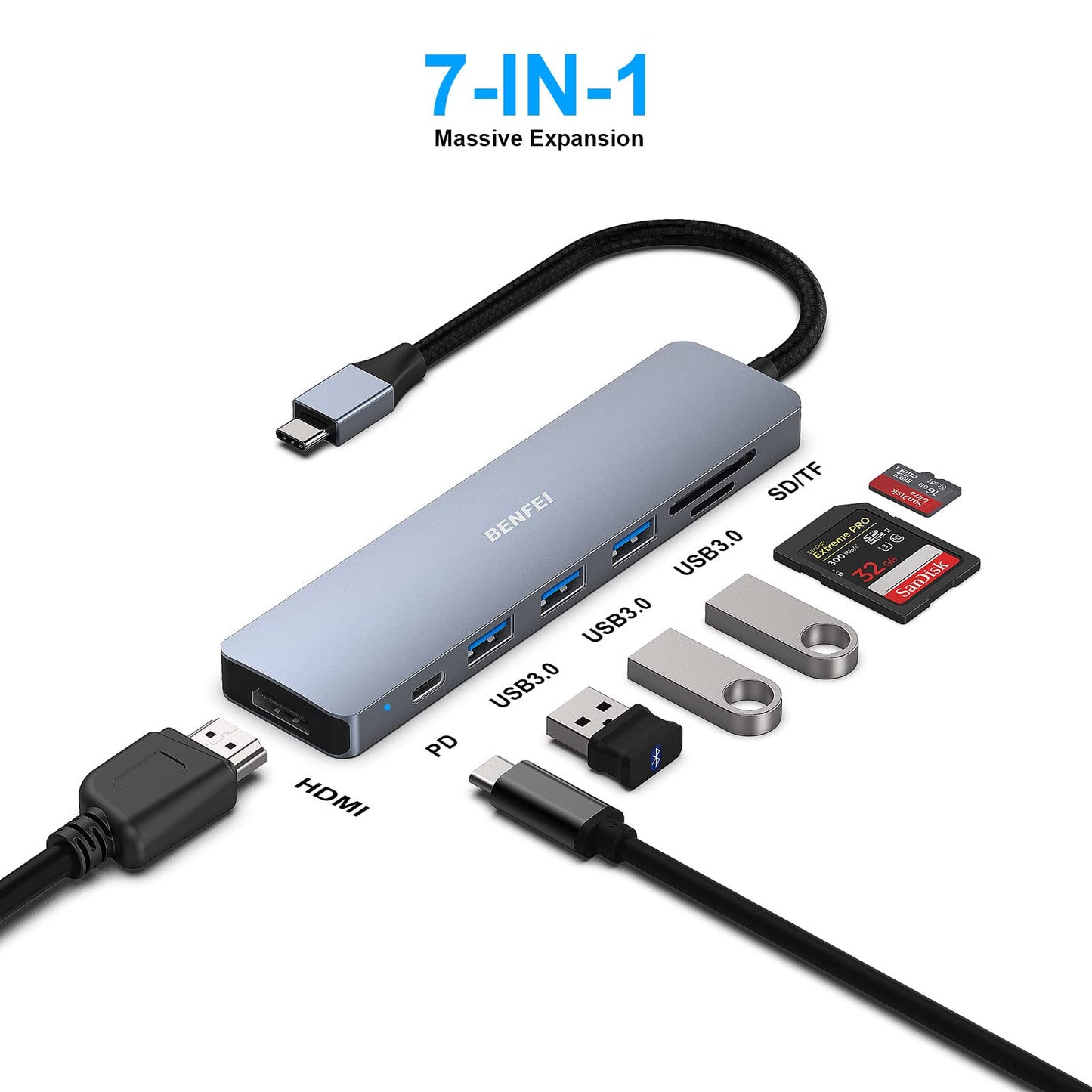 BENFEI USB C HUB 7-in-1 with HDMI(4K@60Hz,Certified), 100W Power Delivery, 3*USB 3.0, SD/TF Card Reader(160MB/s) Compatible with iPhone 15 Pro/Max, MacBook, iPad Pro, iMac, S23, XPS17