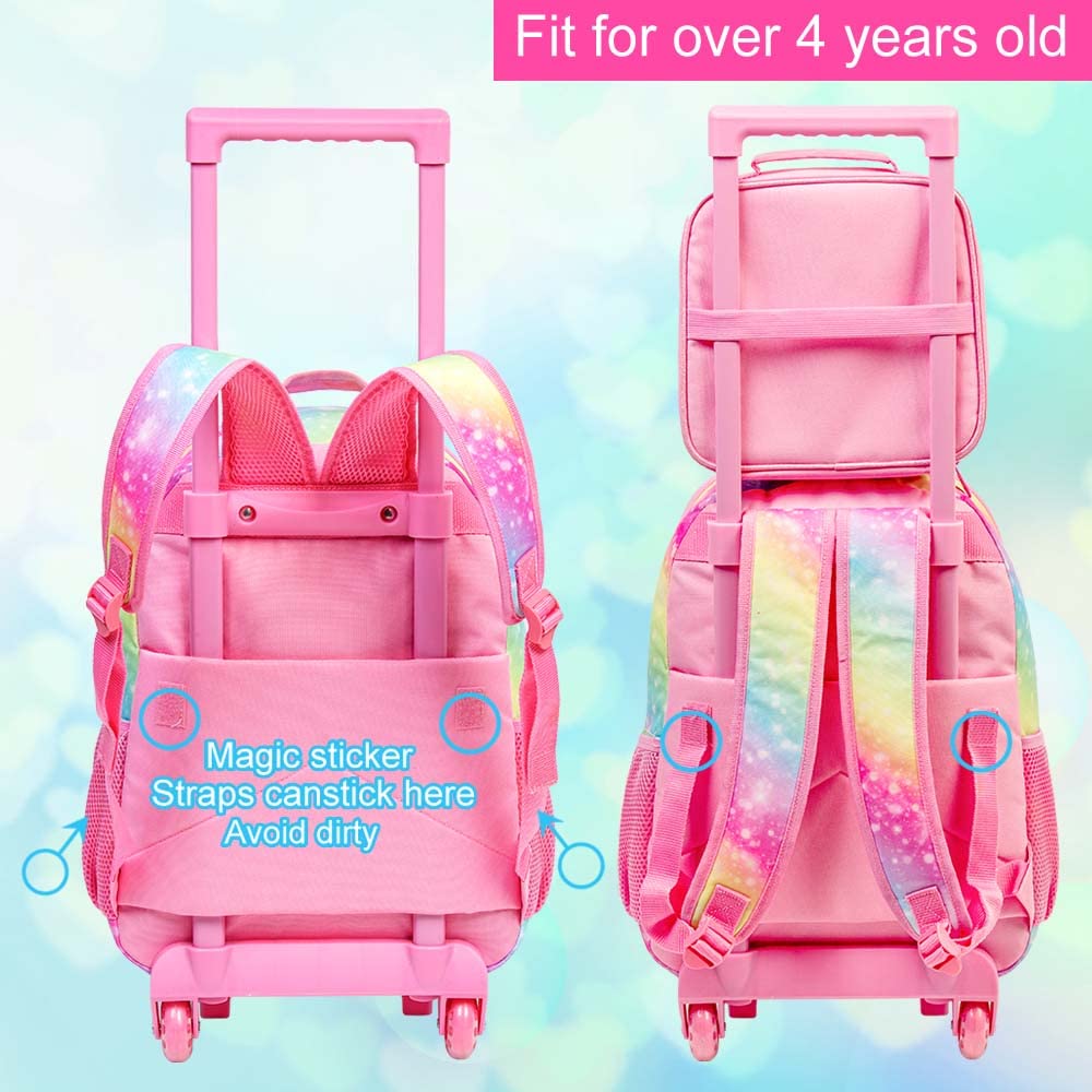 3PCS Rolling Backpack for Girls Boys, Kids Roller Wheeled Bookbag with Lunch Box, Backpacks with Wheels for Elementary