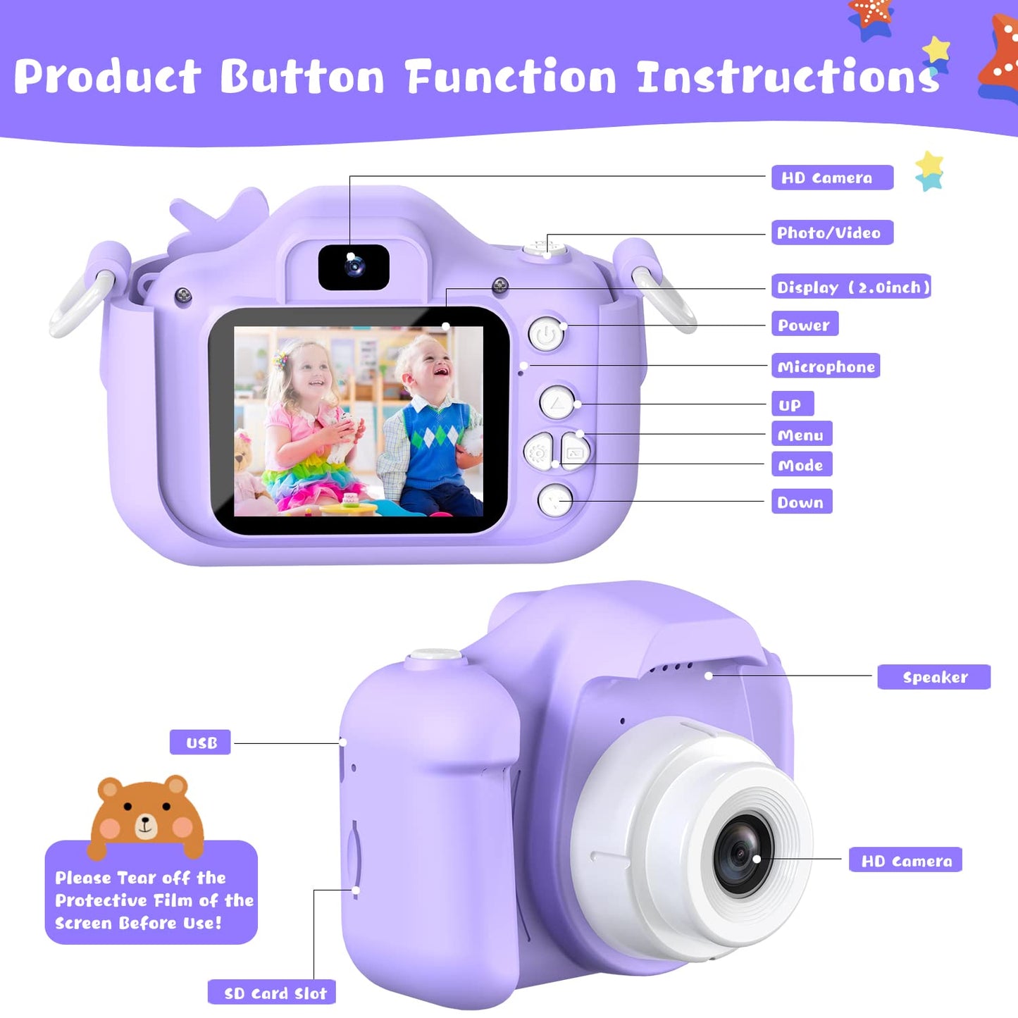 Selfie Kids Camera, Christmas Birthday Gifts for Boys Girls Age 3-12, HD Kids Digital Video Cameras for Toddler with Cartoon Soft Silicone Cover, Portable Toy for 3 4 5 6 7 8 Years Old