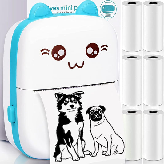 Mini Printer Portable, Mini Thermal Printer, Mini Pocket Printer with 6 Rolls Paper, Mini Photo Printer, Wireless Bluetooth Smart Phone Inkless Printers, for Travel Picture Sticker Receipt Label Notes