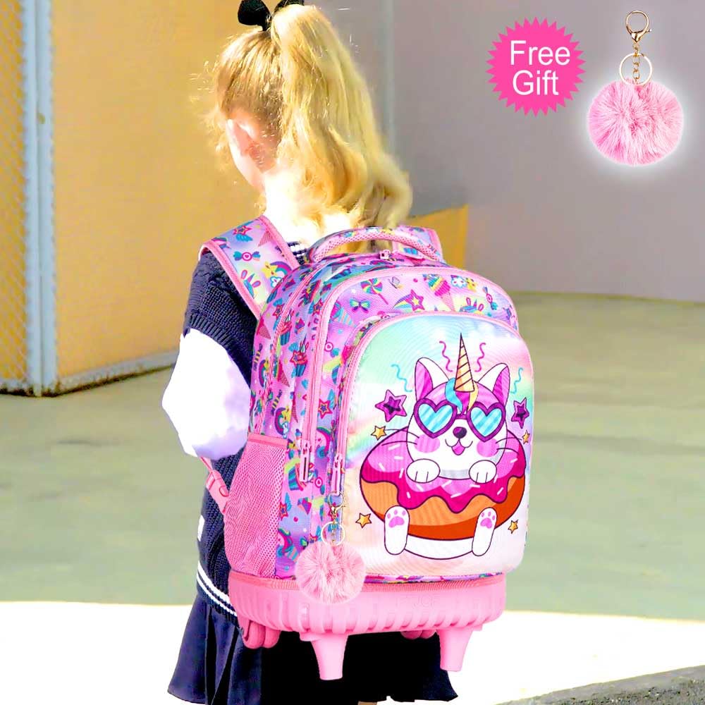 gxtvo 3PCS Unicorn Rolling Backpack for Girls,Cute Kids School Bag with Wheels,Water Resistant Roller Bookbag Set for Elementary Preschool - Pink