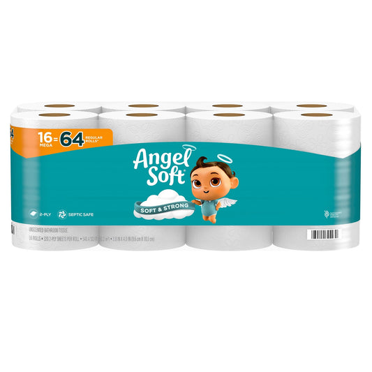 Angel Soft Toilet Paper, 16 Mega Rolls = 64 Regular Rolls, Soft and Strong Toilet Tissue