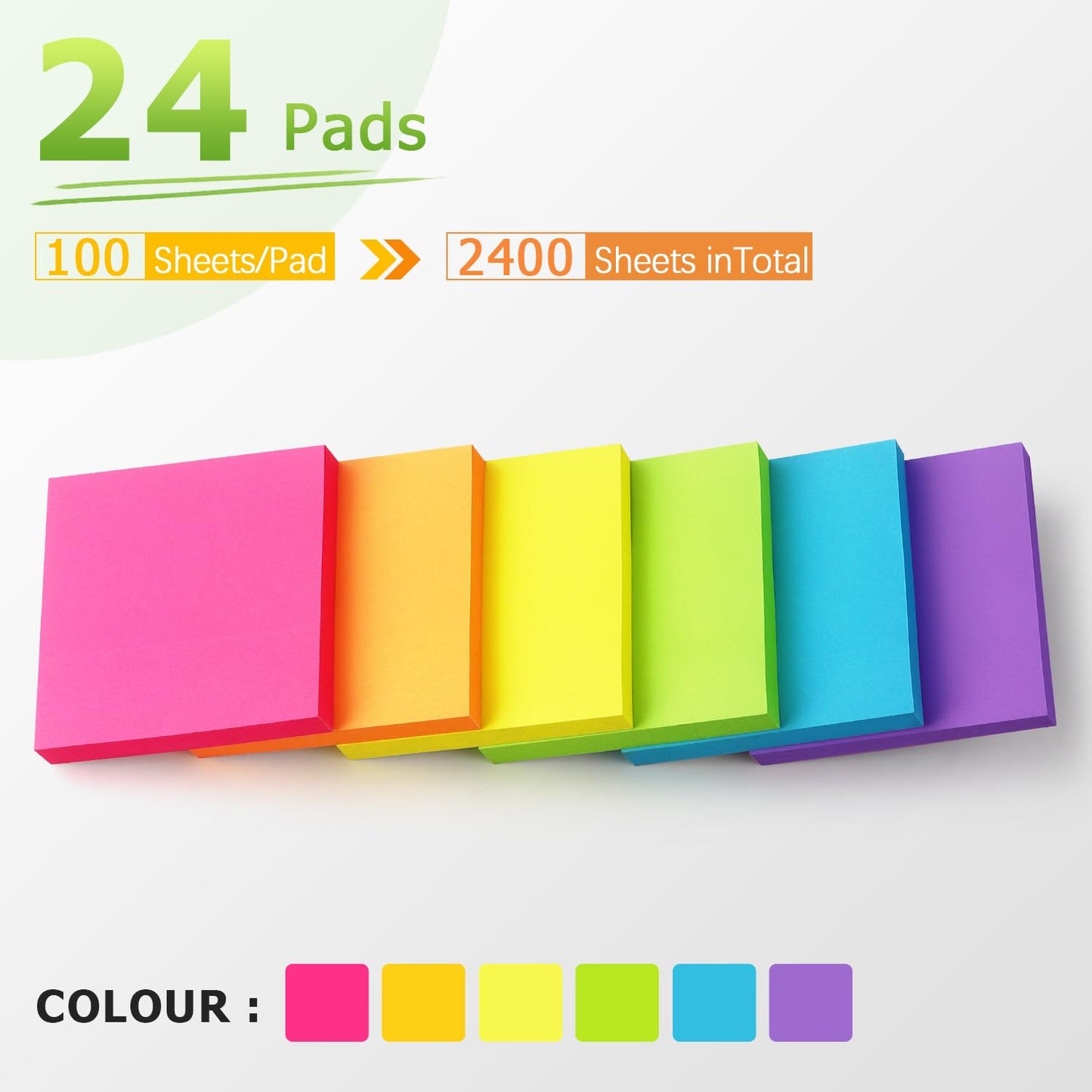 Sticky Notes 3x3 inch Bright Colors Self-Stick Pads 6 Pads/Pack 100 Sheets/Pad Total 600 Sheets