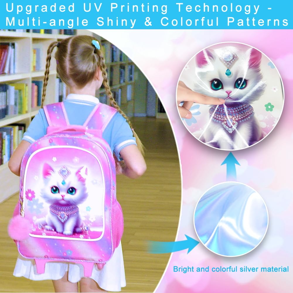 3PCS Rolling Backpack for Girls Boys, Kids Roller Wheeled Bookbag with Lunch Box, Backpacks with Wheels for Elementary