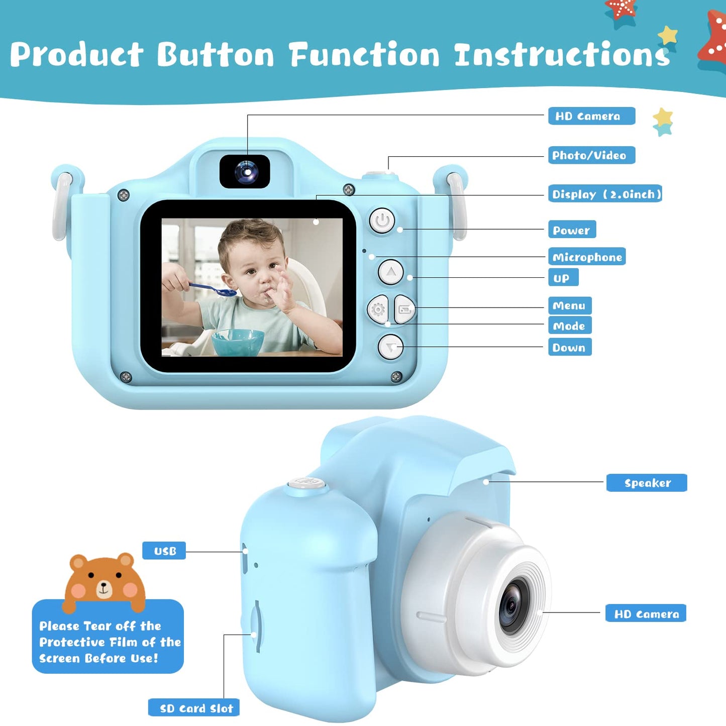 Selfie Kids Camera, Christmas Birthday Gifts for Boys Girls Age 3-12, HD Kids Digital Video Cameras for Toddler with Cartoon Soft Silicone Cover, Portable Toy for 3 4 5 6 7 8 Years Old