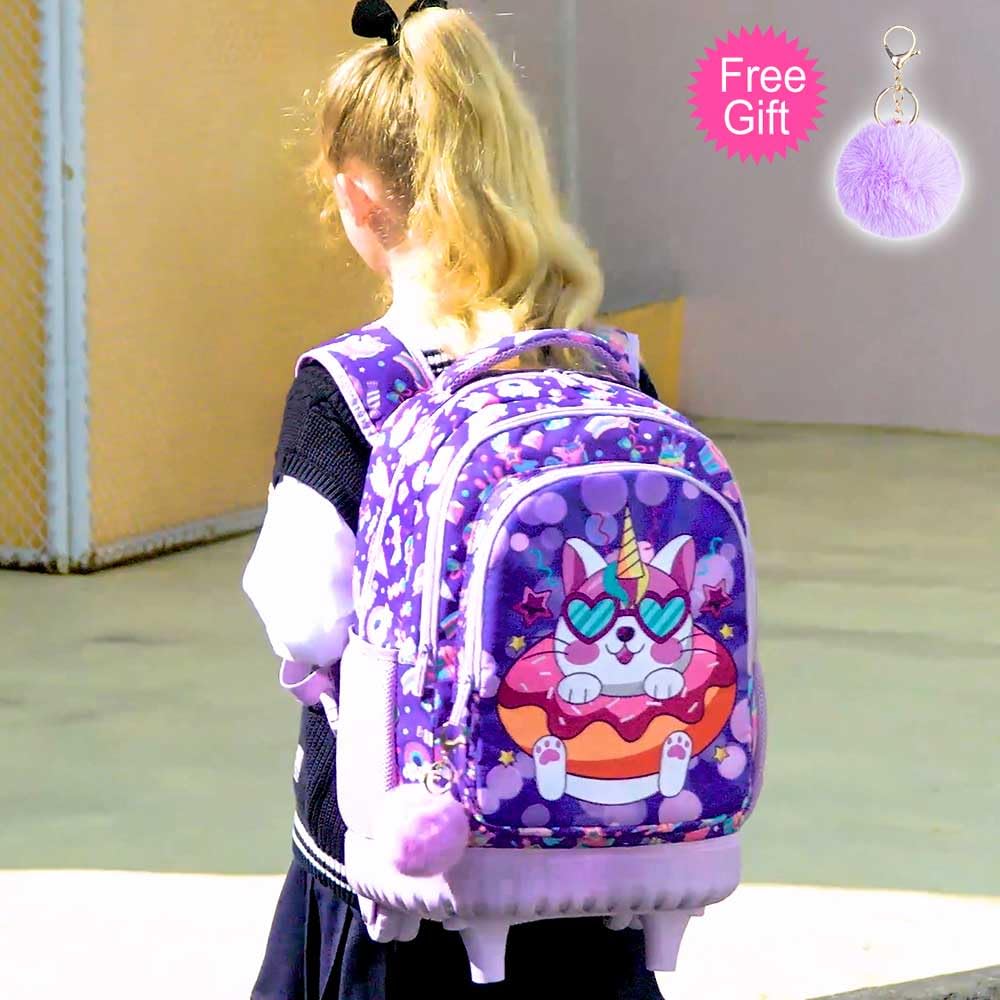 gxtvo 3PCS Unicorn Rolling Backpack for Girls,Cute Kids School Bag with Wheels,Water Resistant Roller Bookbag Set for Elementary Preschool - Pink