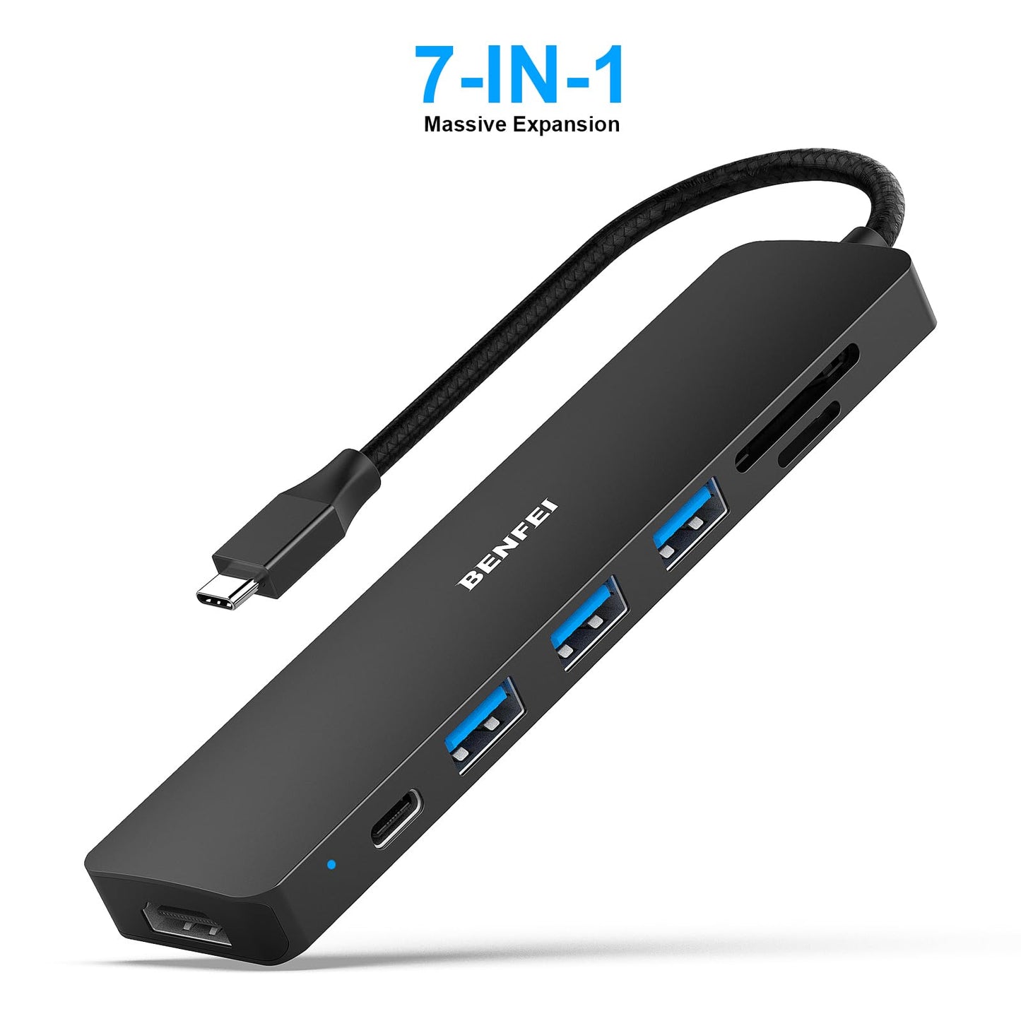 BENFEI USB C HUB 7-in-1 with HDMI(4K@60Hz,Certified), 100W Power Delivery, 3*USB 3.0, SD/TF Card Reader(160MB/s) Compatible with iPhone 15 Pro/Max, MacBook, iPad Pro, iMac, S23, XPS17