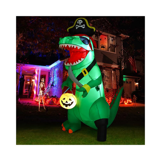 GOOSH 7 FT Halloween Inflatables Dinosaur Outdoor Decorations Blow Up Yard Pirate Dinosaur with Pumpkin Decoration with Built-in LEDs for Indoor Party Garden Lawn Decor