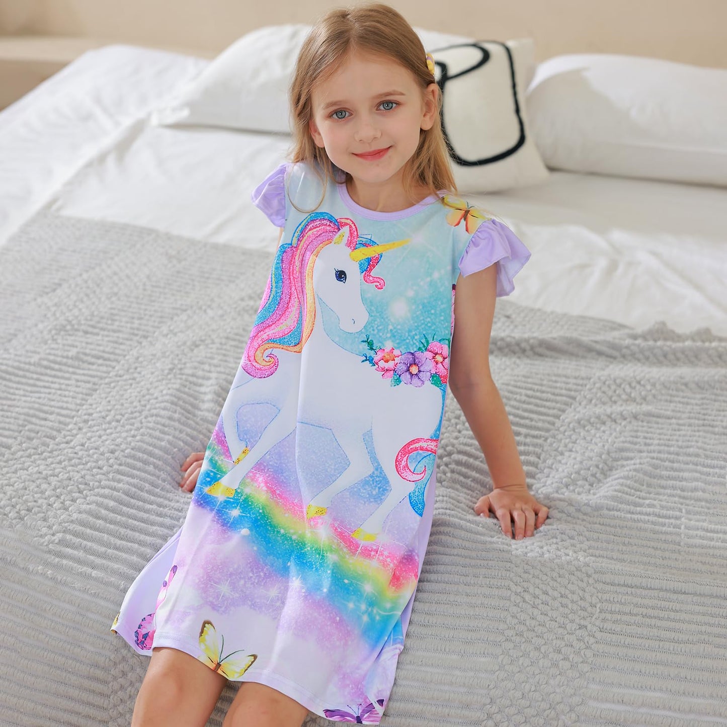 LQSZ 2Pcs Girls Nightgowns 3-10 Years Flutter Short Sleeves Nightdress Nightie Dress Sleepwear Pajamas for Little Girls