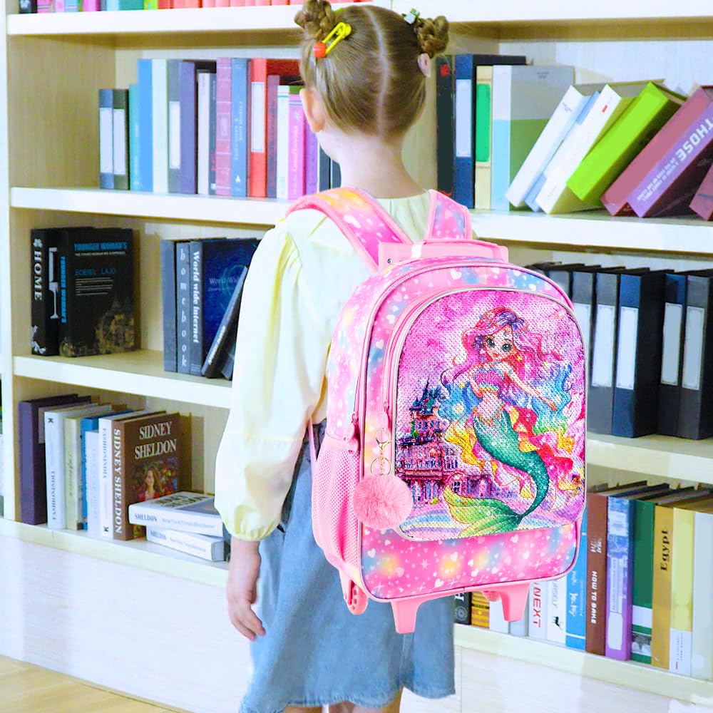 3PCS Rolling Backpack for Girls Boys, Kids Roller Wheeled Bookbag with Lunch Box, Backpacks with Wheels for Elementary