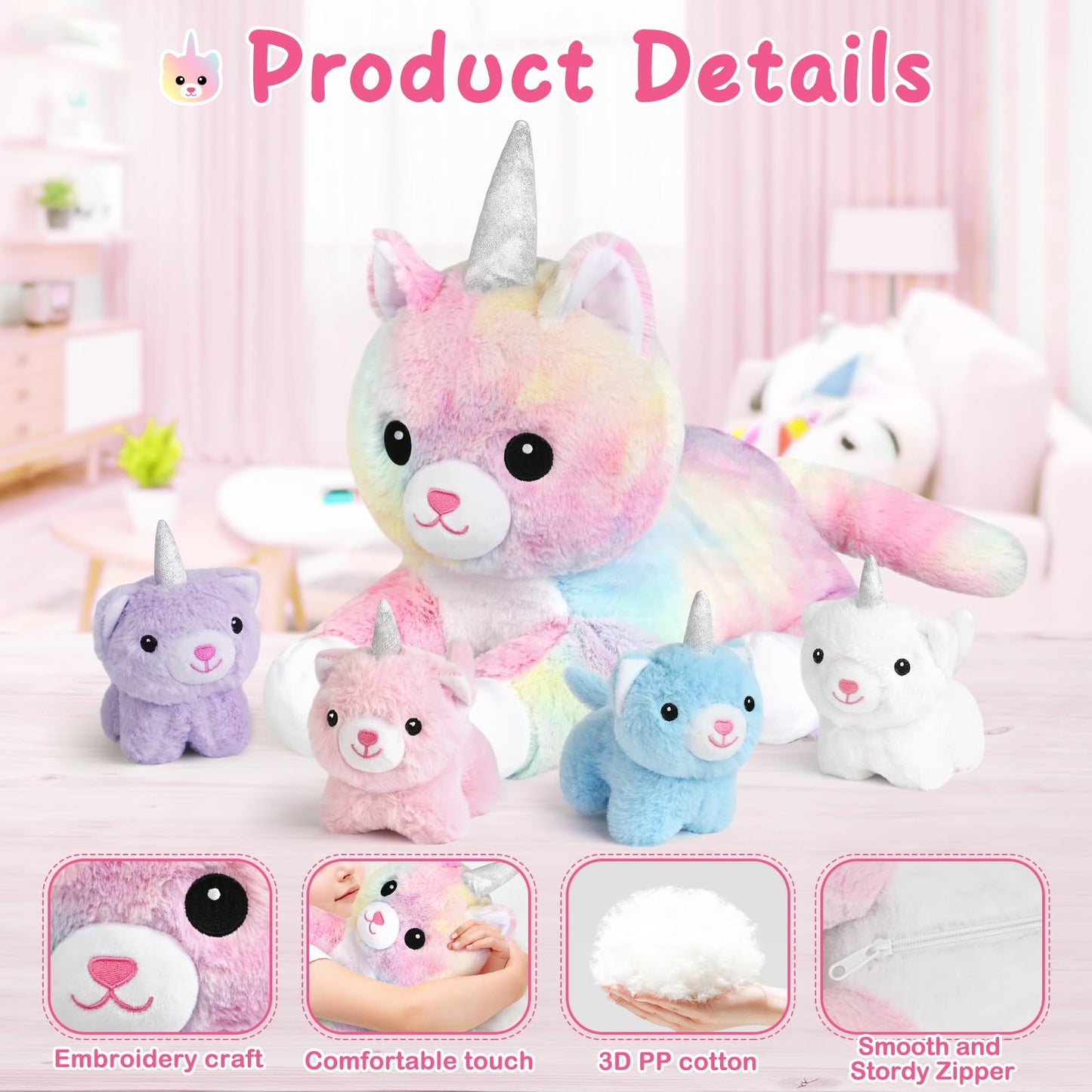 KMUYSL Toys for Girls Ages 3 4 5 6 7 8+ Years - Unicorn Mommy Stuffed Animal with 4 Baby Unicorns in Her Tummy, Soft Unicorn Plush Toys Set, Christmas Birthday Gifts for Baby, Toddler, Kids