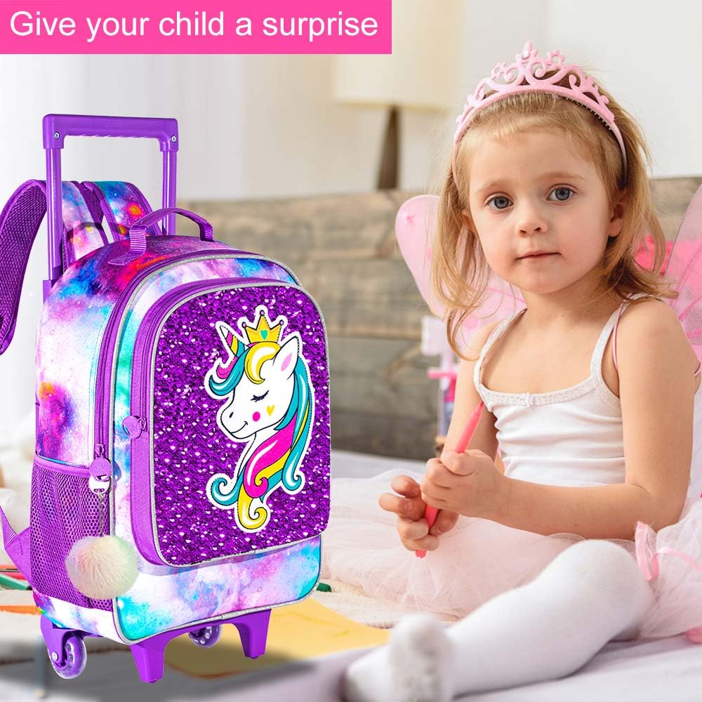 3PCS Rolling Backpack for Girls Boys, Kids Roller Wheeled Bookbag with Lunch Box, Backpacks with Wheels for Elementary