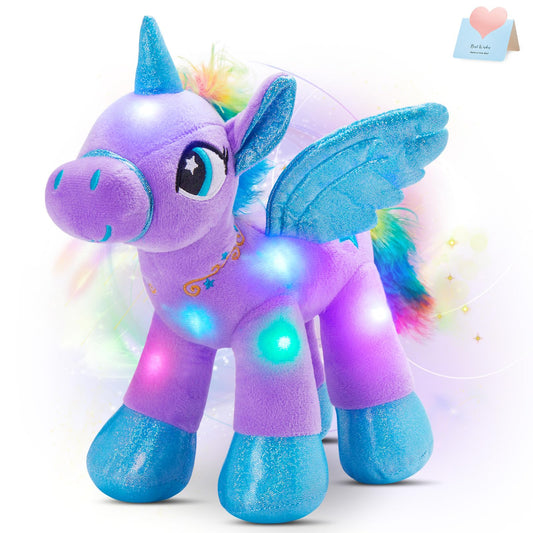 Houwsbaby 14'' Purple LED Light Up Unicorn Stuffed Animal,Unicorn Plush Toy,Glowing Horse Plush Toy Night Light Glitter Present for Kids Boys Girls Present for Easter Birthday Festival Christmas