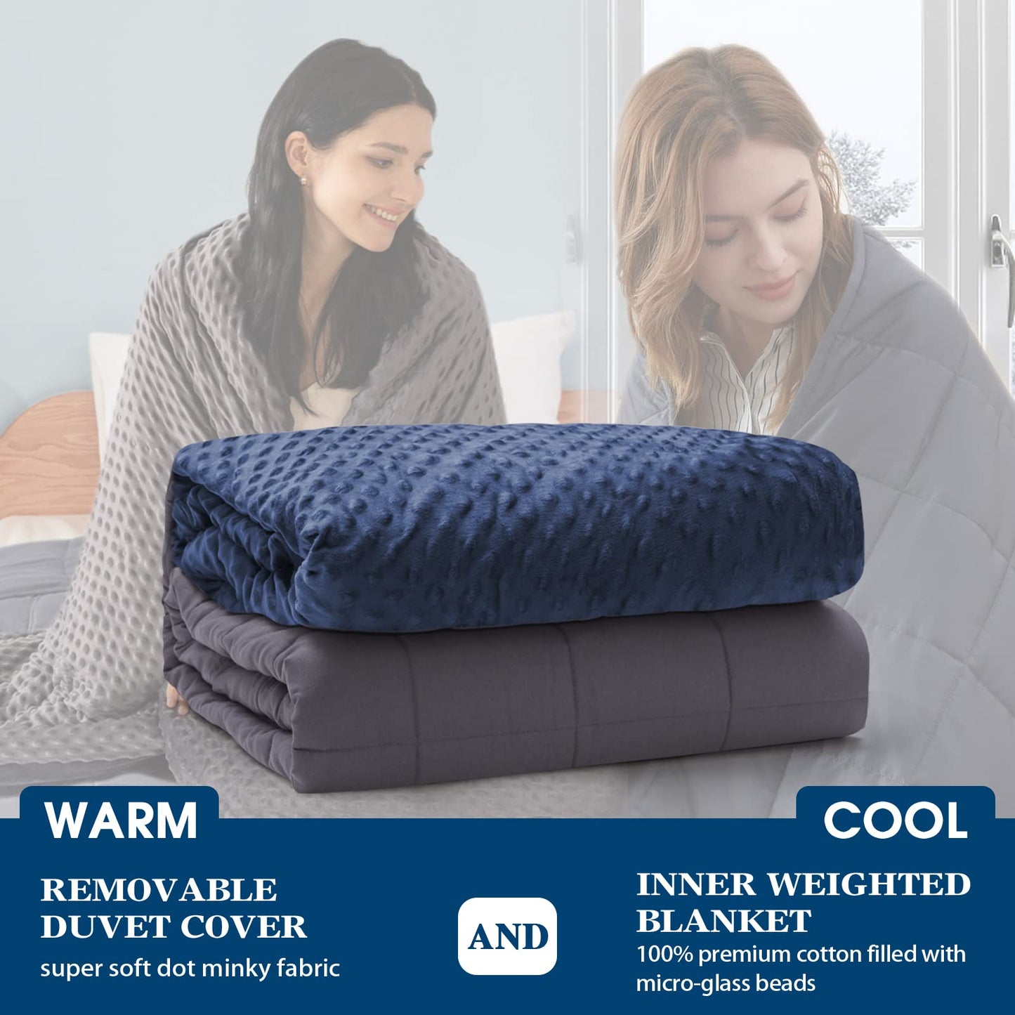 yescool Weighted Blankets for Adults Cooling Weighted Blanket with Washable Cover Queen Size 20lbs 60"x80",Heavy Blanket with Minky Duvet Cover Cozy Thick Throw Blanket with Premium Glass Beads Blue