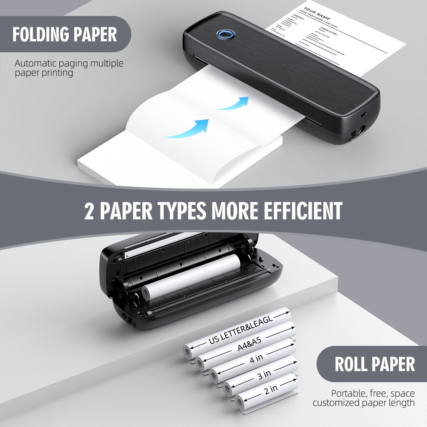 Portable Printer Wireless for Travel，Bluetooth Thermal Printer Support 8.5" X 11" US Letter &Legal, A4&A5 Thermal Paper, Inkless Printer Compatible with iOS, Android & Laptop for Office Car Home