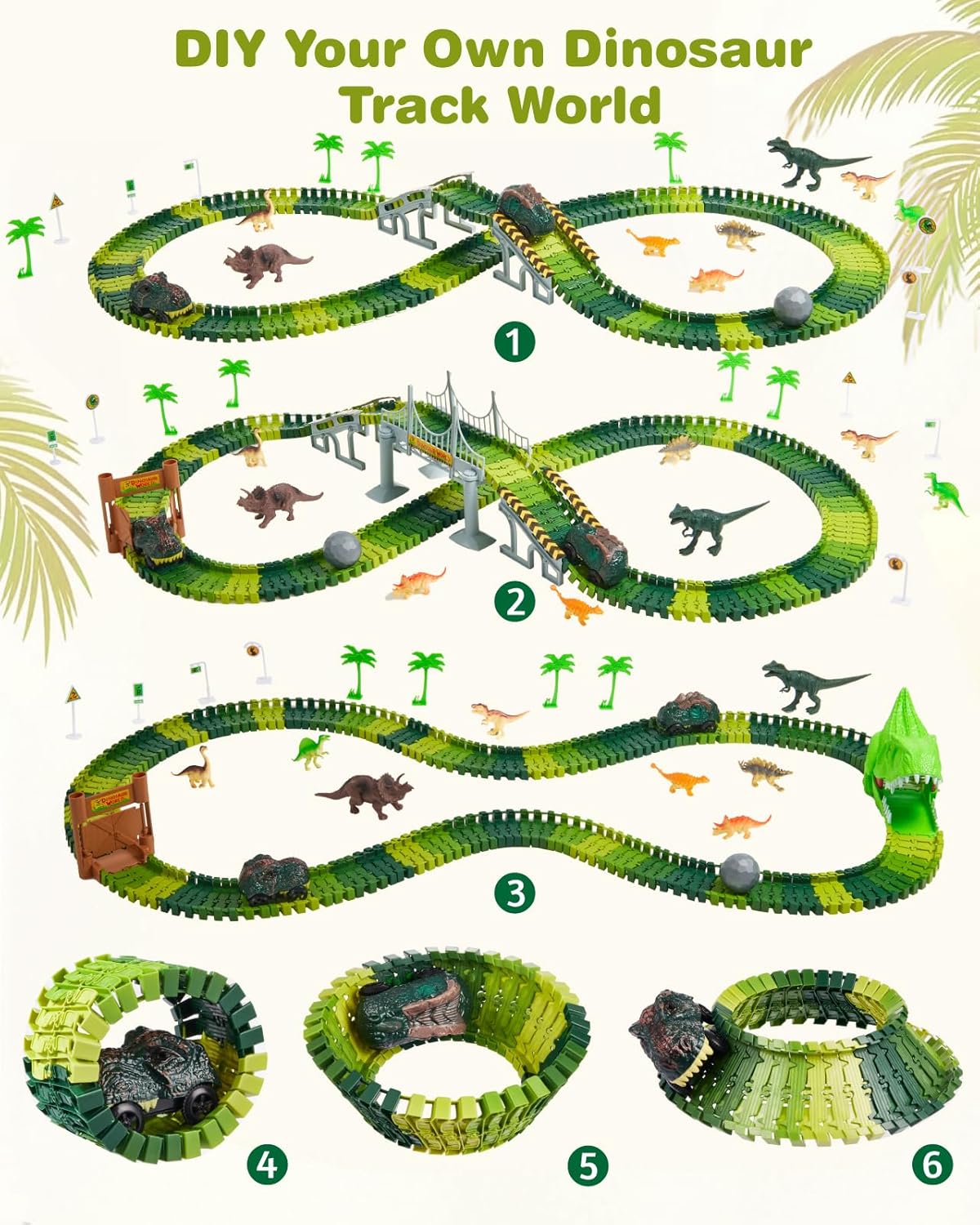 288 PCS Dinosaur Race Car Track Toys, Flexible Dinosaur Track Toy Set, Birthday Dinosaur Toys Gifts for 3 4 5 6 7 Years Old Boys Girls, 3 Year Old boy Birthday Gift