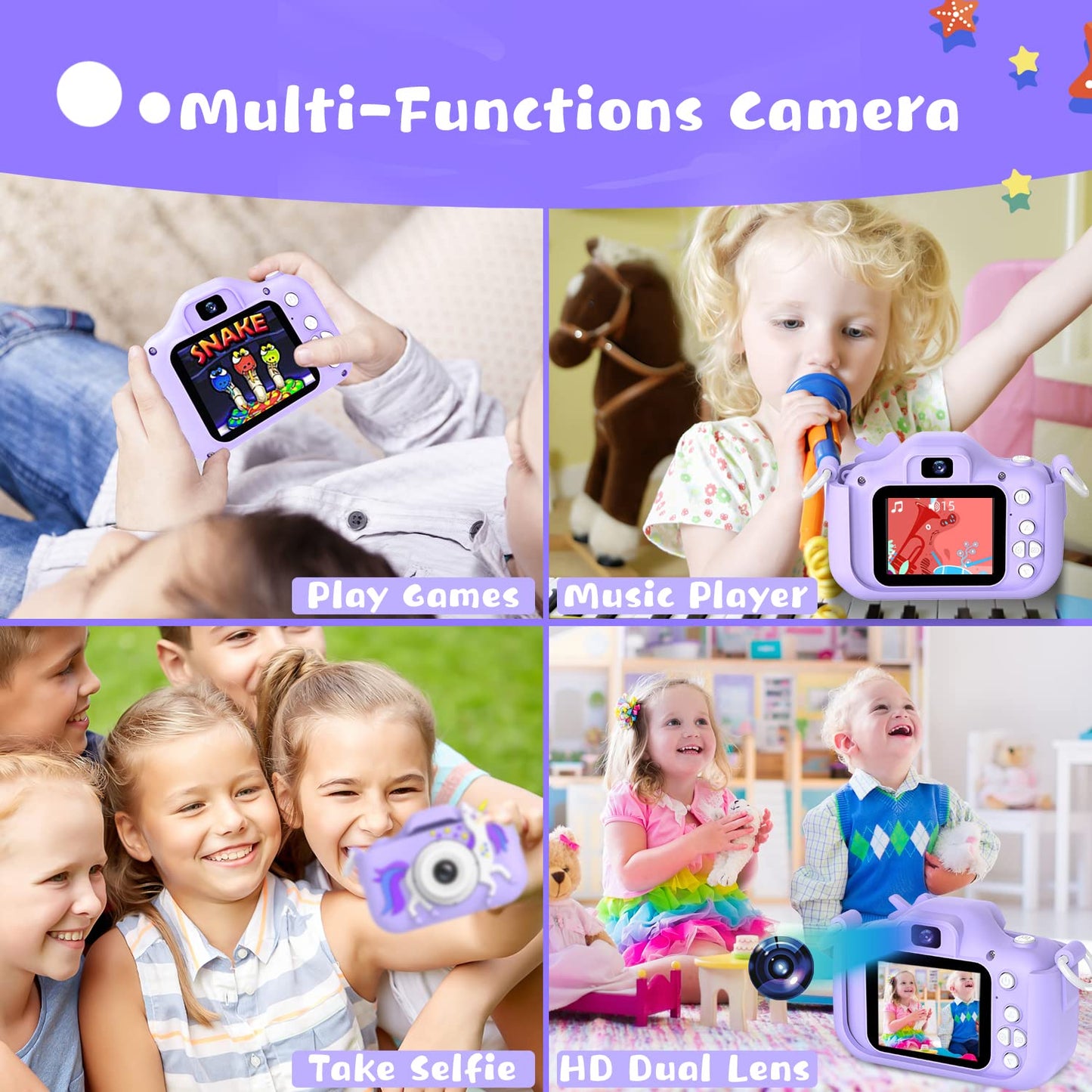 Selfie Kids Camera, Christmas Birthday Gifts for Boys Girls Age 3-12, HD Kids Digital Video Cameras for Toddler with Cartoon Soft Silicone Cover, Portable Toy for 3 4 5 6 7 8 Years Old