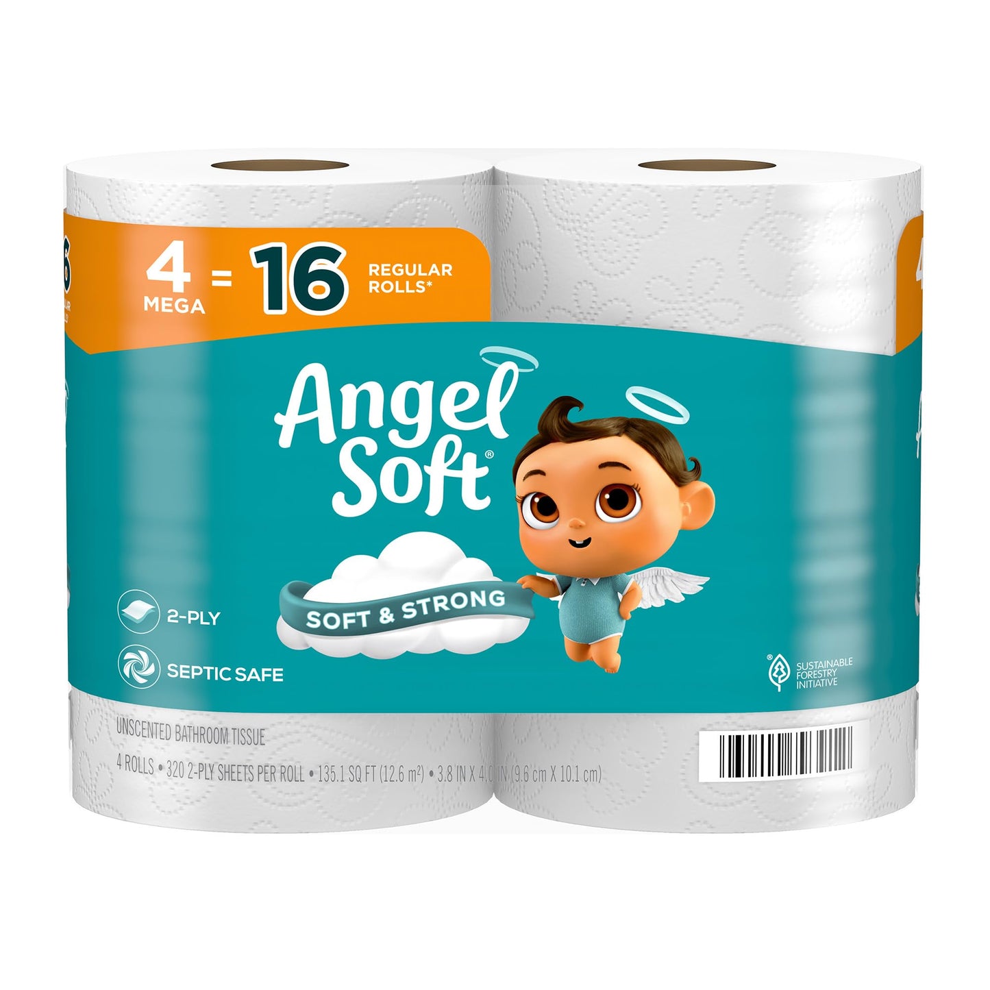 Angel Soft Toilet Paper, 16 Mega Rolls = 64 Regular Rolls, Soft and Strong Toilet Tissue