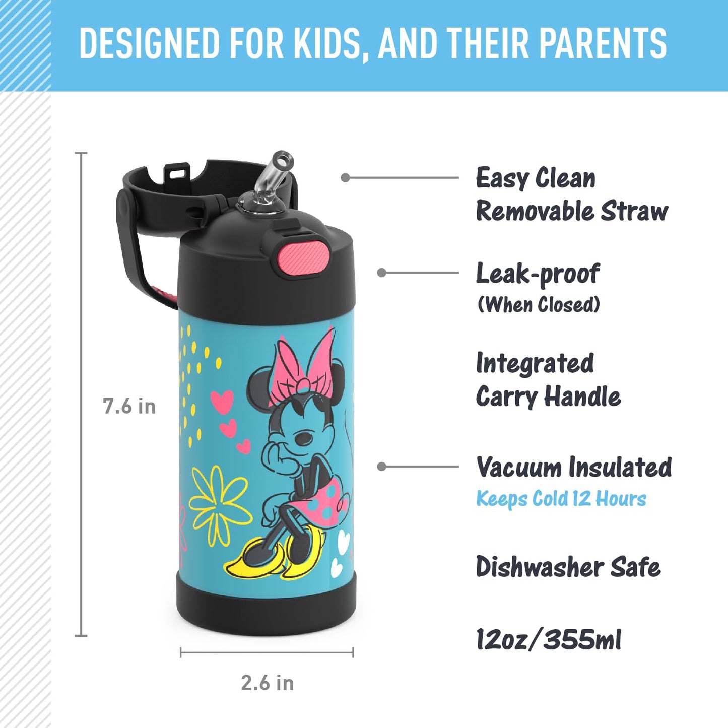 THERMOS FUNTAINER Water Bottle with Straw - 12 Ounce, Pokémon - Kids Stainless Steel Vacuum Insulated Water Bottle with Lid