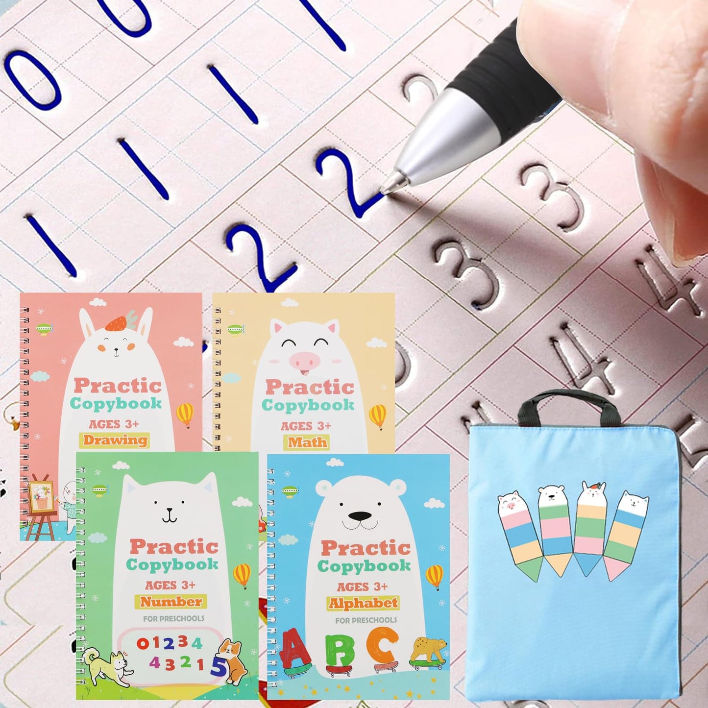 Magic Practice Copybook, Reusable Writing Practice Book, for Preschool Kids Age 3-8 Calligraphy 9.44in×6.29in(5 Books with Pens)