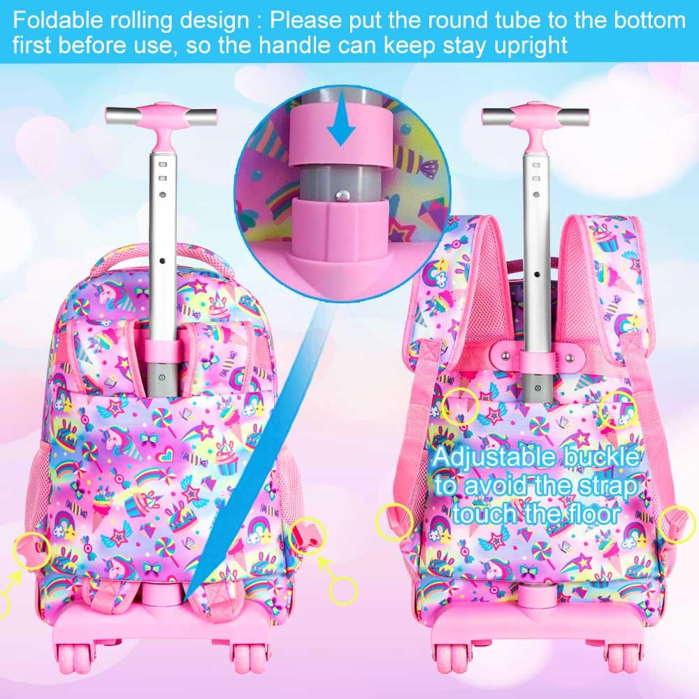 gxtvo 3PCS Unicorn Rolling Backpack for Girls,Cute Kids School Bag with Wheels,Water Resistant Roller Bookbag Set for Elementary Preschool - Pink