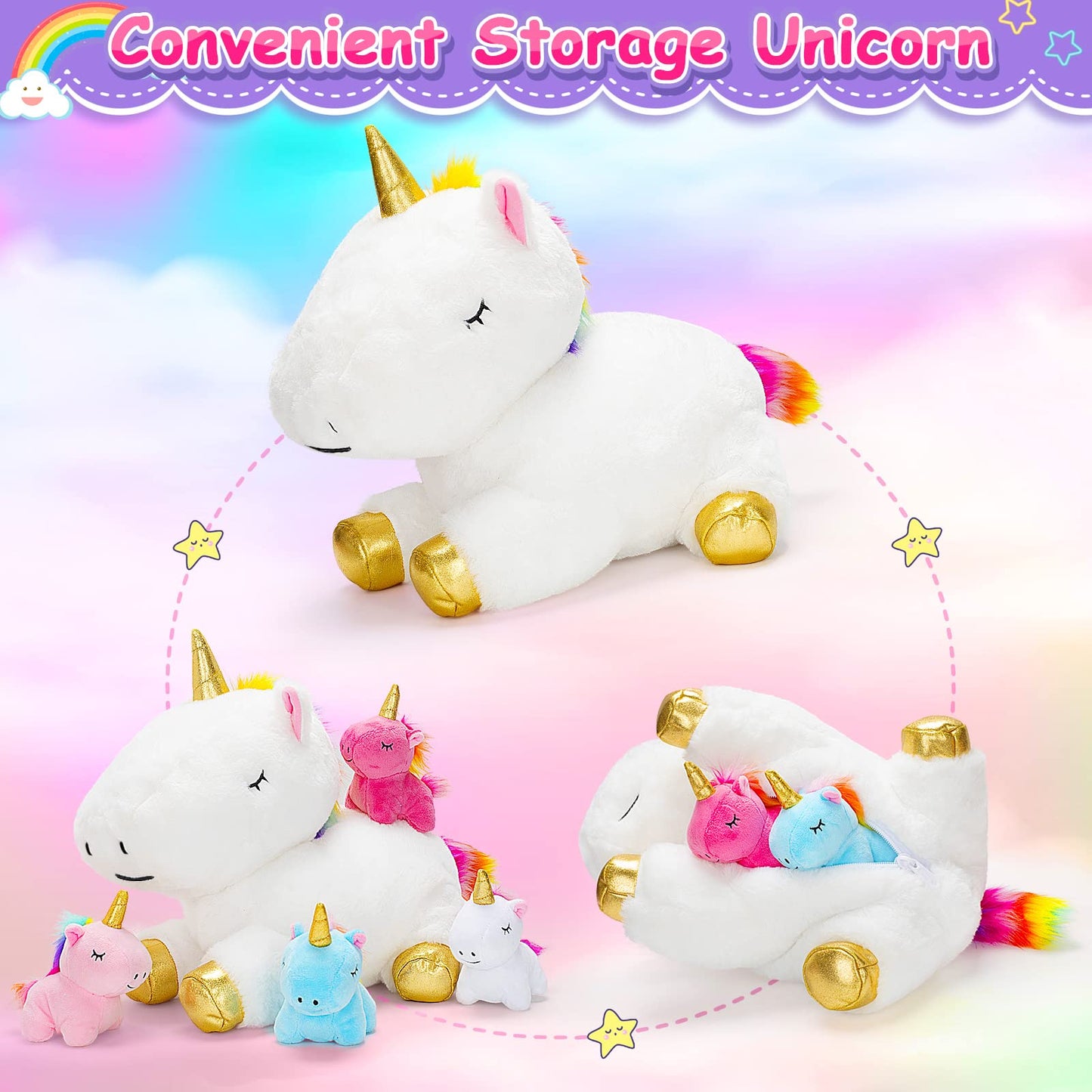 KMUYSL Toys for Girls Ages 3 4 5 6 7 8+ Years - Unicorn Mommy Stuffed Animal with 4 Baby Unicorns in Her Tummy, Soft Unicorn Plush Toys Set, Christmas Birthday Gifts for Baby, Toddler, Kids