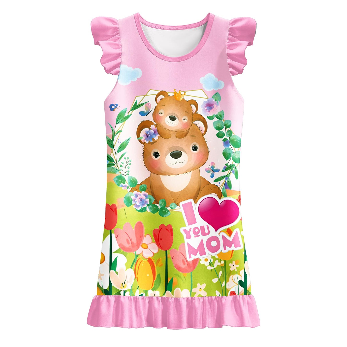 LQSZ 2Pcs Girls Nightgowns 3-10 Years Flutter Short Sleeves Nightdress Nightie Dress Sleepwear Pajamas for Little Girls