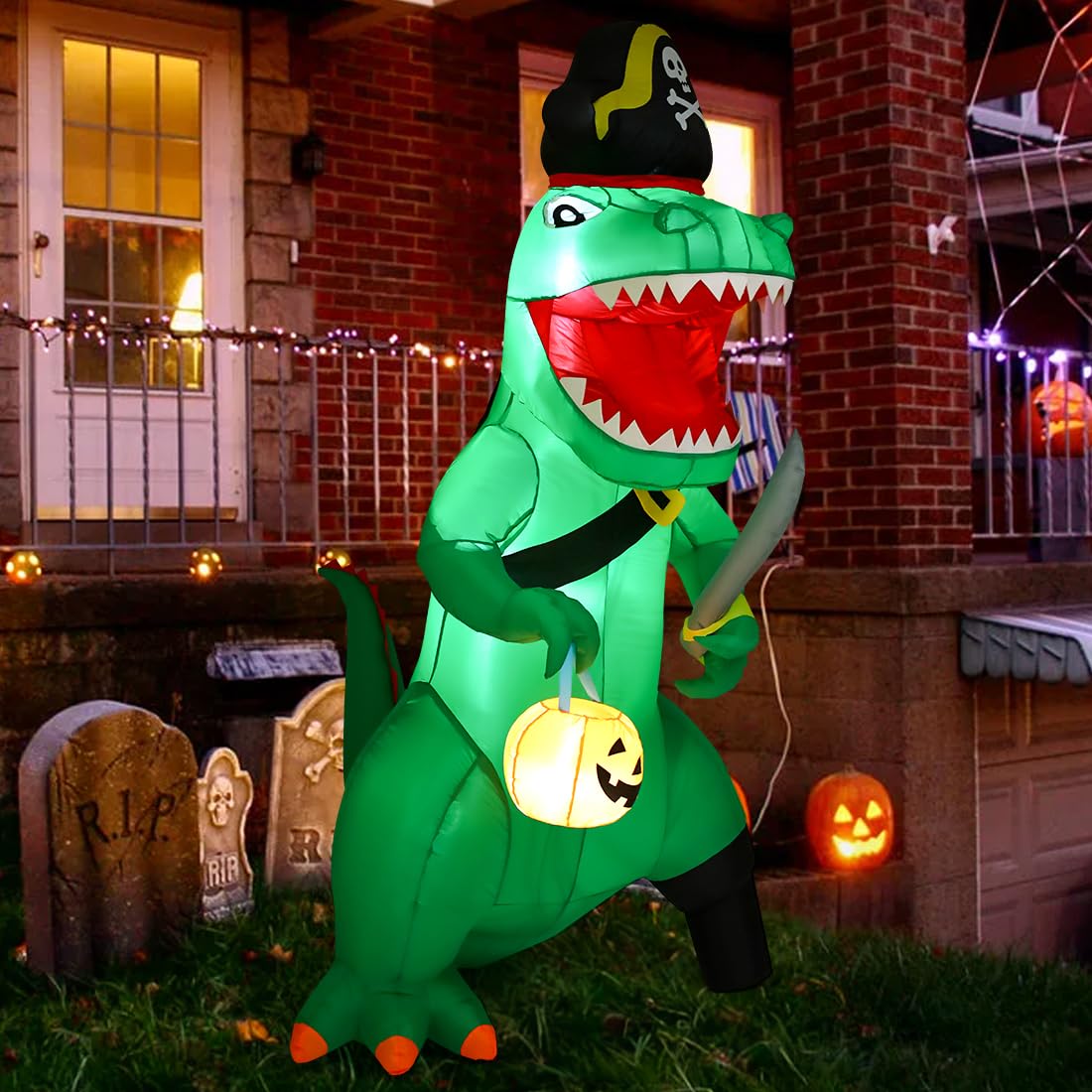 GOOSH 7 FT Halloween Inflatables Dinosaur Outdoor Decorations Blow Up Yard Pirate Dinosaur with Pumpkin Decoration with Built-in LEDs for Indoor Party Garden Lawn Decor