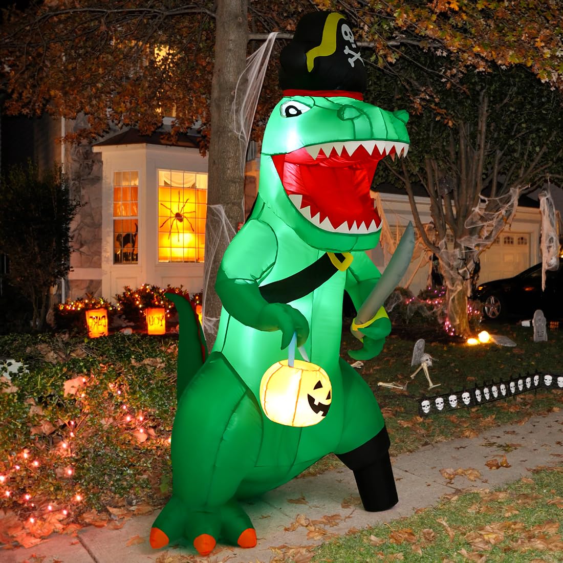 GOOSH 7 FT Halloween Inflatables Dinosaur Outdoor Decorations Blow Up Yard Pirate Dinosaur with Pumpkin Decoration with Built-in LEDs for Indoor Party Garden Lawn Decor