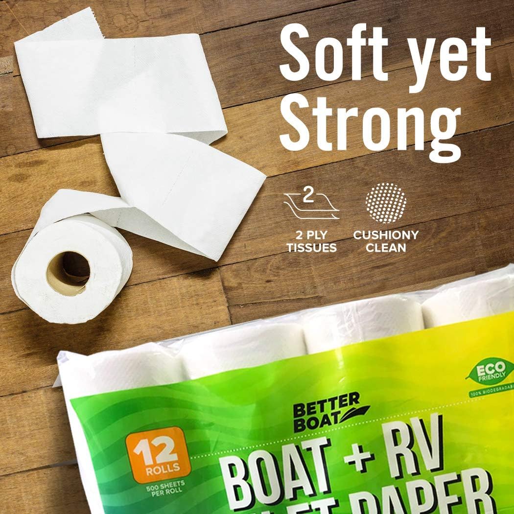 Boat and RV Toilet Paper Septic Safe Tissue Toilet Quick Dissolving 12 Single (1) Rolls for Marine and Travel Camper Systems Camping Biodegradable Supplies Dissolve and Tank Safe | TP Bulk Pack 2 Ply