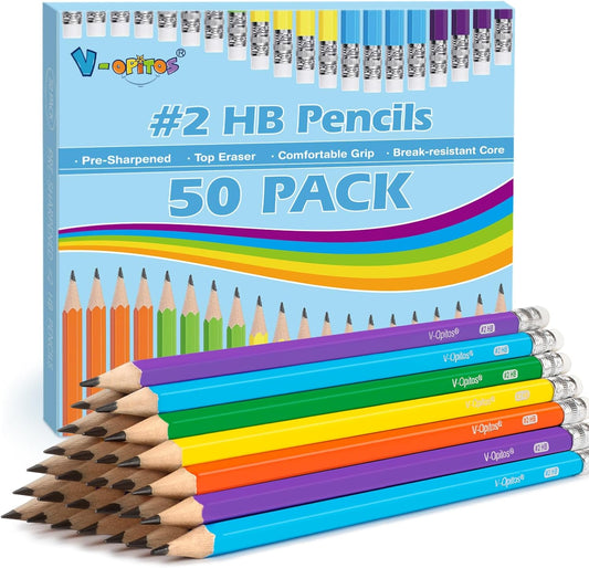 V-Opitos #2 Pencils, 50 Pack Pre-Sharpened Wood-Cased Pencils with Top Erasers, Bulk 2HB Pencils with Assorted Colors for School Teacher Supplies, Writing, Drawing and Sketching