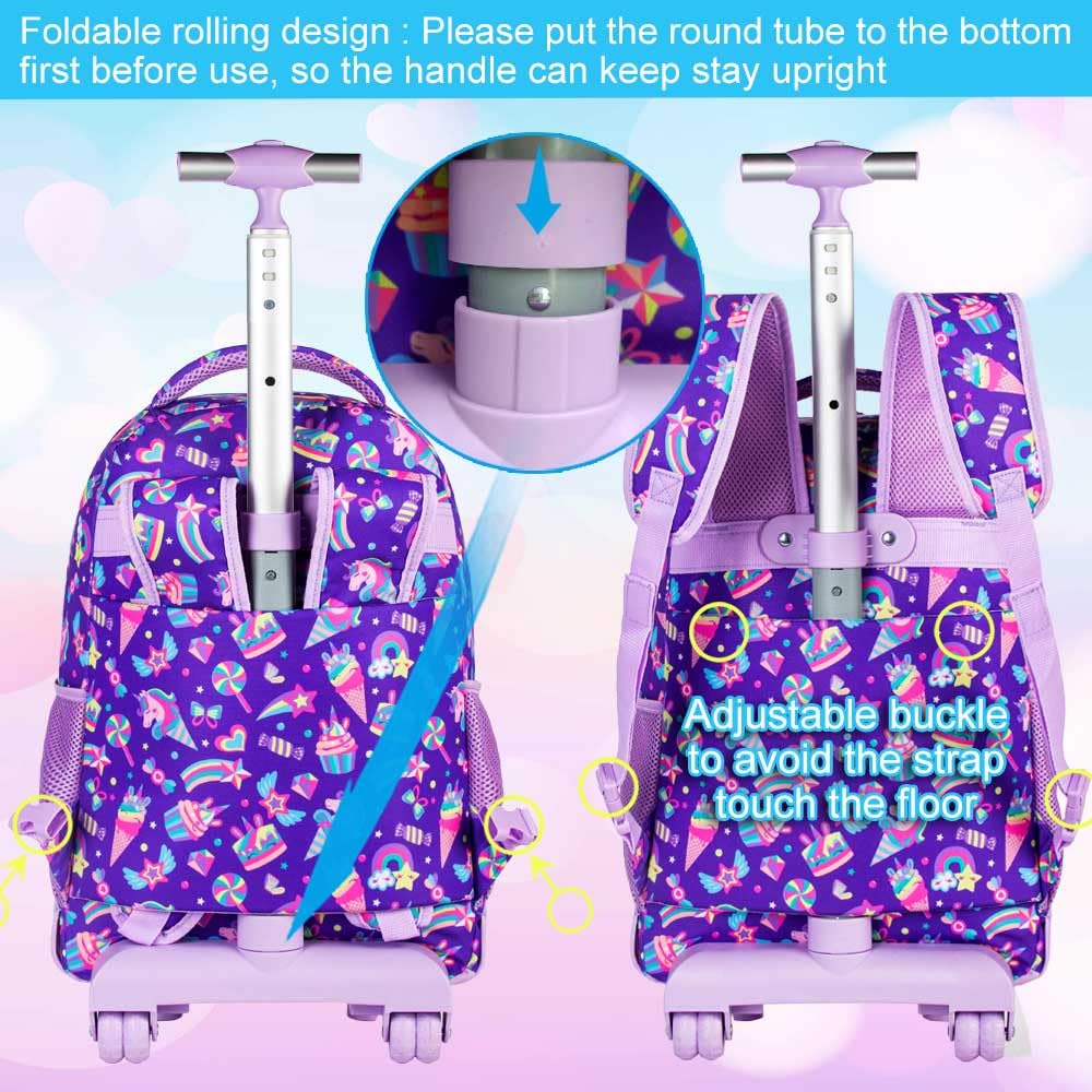 gxtvo 3PCS Unicorn Rolling Backpack for Girls,Cute Kids School Bag with Wheels,Water Resistant Roller Bookbag Set for Elementary Preschool - Pink