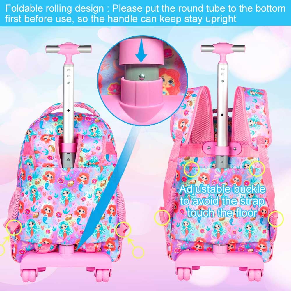 gxtvo 3PCS Unicorn Rolling Backpack for Girls,Cute Kids School Bag with Wheels,Water Resistant Roller Bookbag Set for Elementary Preschool - Pink