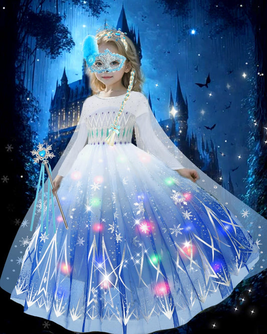 Light Up Princess Costume for Girls Lighted Snow Princess Dress Up for Halloween Cosplay Birthday Party, White