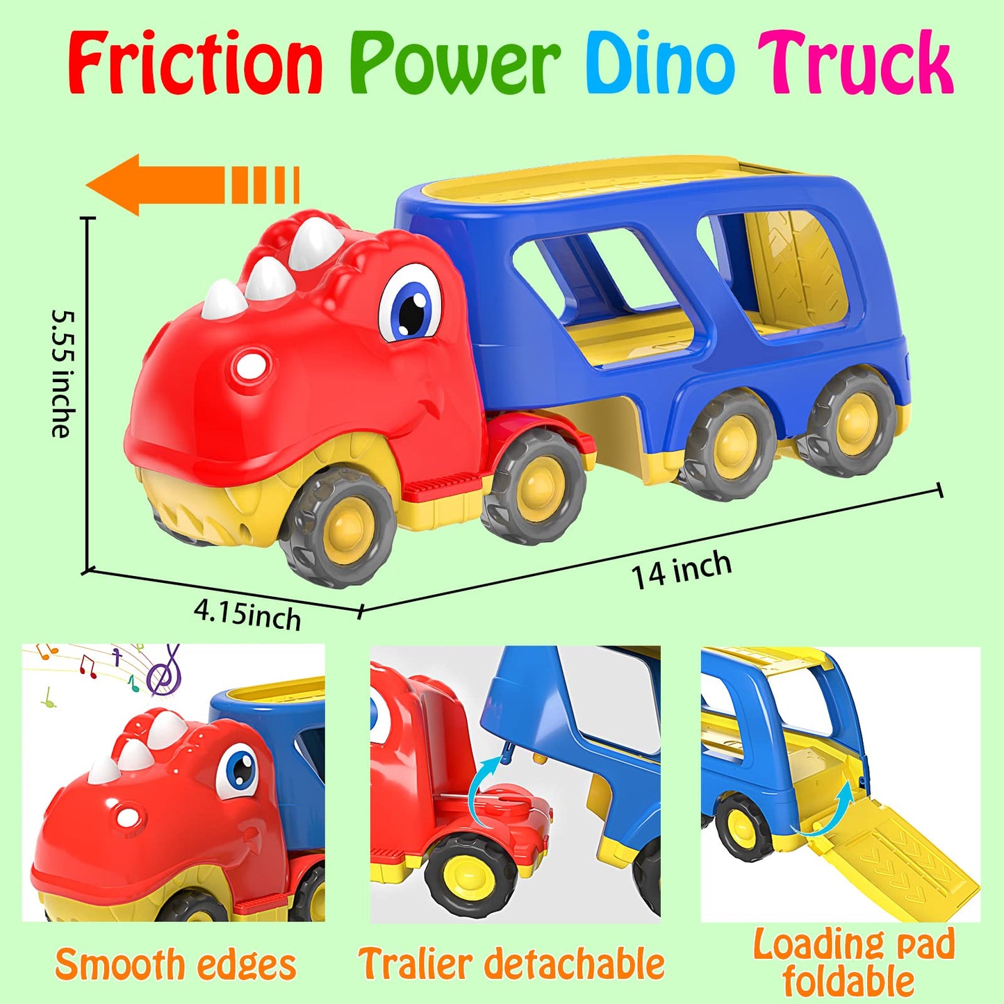 Veslier Dinosaur Car Toy for 2 3 4 5 Years Old Boys, Friction Power Carrier Truck with 4 Pack Small Pull Back Dino Car, Christmas Birthday Gift for 18+ Months Boy Girl Kids Toddlers